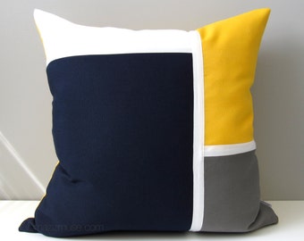 Decorative Navy Blue & Yellow Outdoor Pillow Cover, Nautical Pillow Cover, Modern Color Block, White Grey Sunbrella Cushion Cover, Mazizmuse