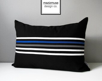 Decorative Outdoor Pillow Cover, Modern Cobalt Blue & Grey Pillow Cover, Black White Striped Sunbrella Cushion Cover, Mazizmuse, Align