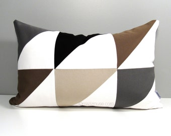 Geometric Pillow Cover, Modern Outdoor Pillow Cover, Decorative Black White Pillow Cover, Brown Grey & Beige Sunbrella Cushion Cover