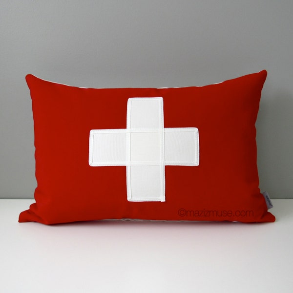 Flag of Switzerland Pillow Cover, Swiss Flag, Red White Cross, Decorative Throw Pillow Case, Sunbrella Outdoor Cushion Cover 12"x18"
