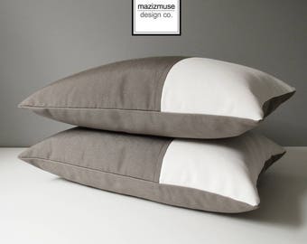 Taupe & White Outdoor Pillow Cover, Modern Color Block Pillow Cover, Decorative Throw Pillow Cover, Taupe Sunbrella Cushion Cover, Mazizmuse