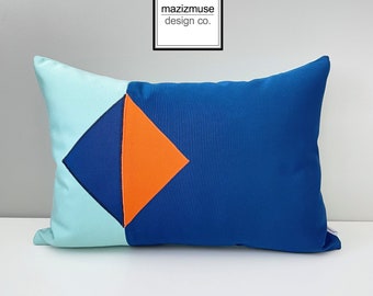 Decorative Outdoor Pillow Cover, Modern Geometric Pillow Cover, Glacier Tuscan Orange & Abyss Blue Sunbrella Cushion Cover Mazizmuse Eclipse