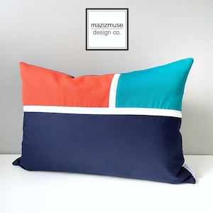 Sunbrella® Outdoor Kissenbezug in modernen Farbblock, Melon Orange, Marineblau & Petrol Kissenbezug für Terrassenstühle und Pool-Liegen