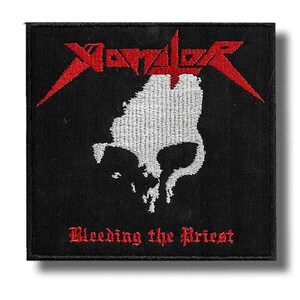 May include: Black square patch with a white skull design and red text. The text at the top reads "Xentor" and the text at the bottom reads "Bleeding the Priest". The patch has a stitched border.