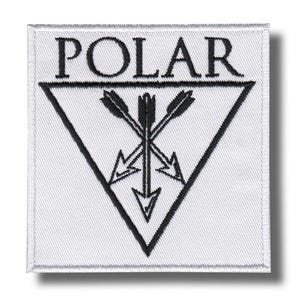May include: White square patch with the word "POLAR" in black capital letters above a black triangle containing three crossed arrows. The patch has a white border and a shadow.