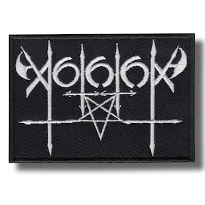 May include: Black rectangular patch with white embroidered design. The design includes the number 6 repeated three times, a five-pointed star, axes, and vertical lines. The patch is likely for clothing or accessories.
