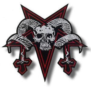 May include: Embroidered patch featuring a black pentagram with a red border. The design includes a white skull with horns and two inverted crosses. The patch is suitable for jackets, bags, or other apparel.