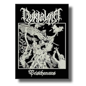 May include: Black rectangular graphic with the word "Durandal" in white, ornate lettering. The image shows a detailed illustration of figures in a chaotic scene, with the word "Veisithanatos" below in white.