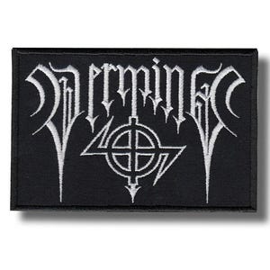 Peut inclure: Écusson rectangulaire noir avec broderie blanche. Le texte "Rarminer" surmonte une croix stylisée dans un cercle. Bordure noire, idéal pour vêtements ou accessoires.