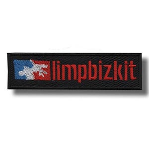 May include: Black embroidered patch with the band name "limpbizkit" in red, bold text. A blue and red square with a white graphic is on the left. This patch is designed for application on clothing or accessories.