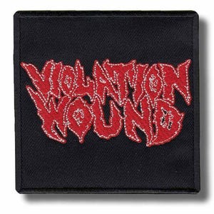 May include: A square black patch featuring the words "VIOLATION SOUND" in red, gothic-style embroidery with white edging. This patch is designed for application on clothing or accessories.