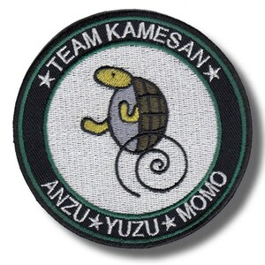 Könnte beinhalten: Runder, gestickter Aufnäher mit einem Cartoon-Schildkröten-Design. Der Aufnäher trägt den Text "TEAM KAMESAN" und "ANZU * YUZU * MOMO". Die Schildkröte ist grau, braun und gelb, mit weißem Hintergrund und einem schwarzen und grünen Rand.