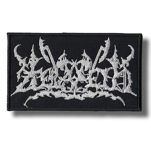 May include: Black rectangular patch with white embroidered text and imagery. The design features stylized lettering and two crossed axes. The patch is likely for a band or a similar subculture.