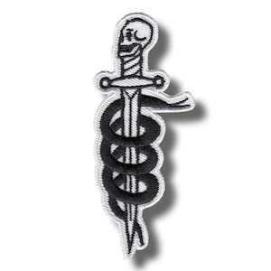 May include: Embroidered patch with a black and white design. The patch shows a dagger with a skull on the hilt, entwined by a coiled snake. The patch has a white border and is suitable for clothing or accessories.