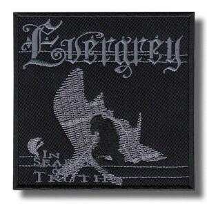 May include: Black square patch with gray embroidered text and imagery. The word "Evergrey" is arched across the top. Below is a gray illustration of a bird-like figure and the text "In Sea of Truth".