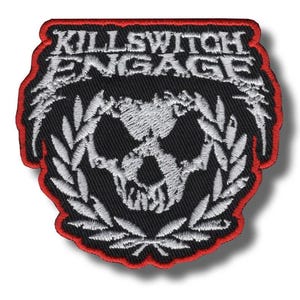 May include: Embroidered patch with the band name "KILLSWITCH ENGAGE" in white lettering above a skull design. The patch has a black background, a red border, and white detailing.