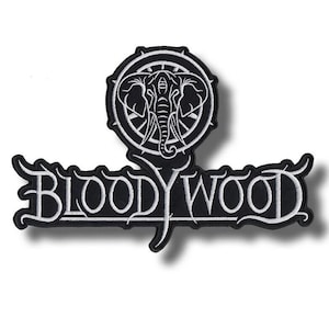 May include: Black and white embroidered patch featuring the band name "BLOODYWOOD" in a stylized font. Above the band name is a circular emblem with an elephant design.