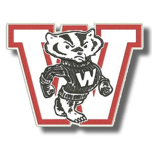 Op de afbeelding: Een wit en rood embleem met een cartoon das die een trui draagt met een grote witte "W". De das is zwart en wit met een boze uitdrukking. Het embleem heeft de vorm van een grote "W" met een rode rand.