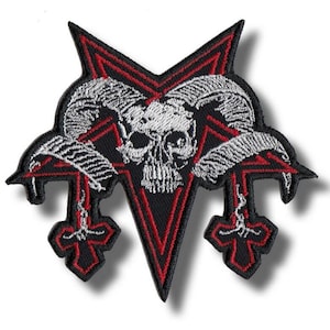 May include: Embroidered patch featuring a black pentagram with a red border. The design includes a skull, ram horns, and inverted crosses. The patch is a gothic or heavy metal themed accessory.