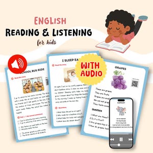 May include: Educational resources for children, focusing on reading and listening skills. The image shows illustrated stories about a school bus journey and bedtime, with audio. A child reads a book, and a phone displays an elephant.