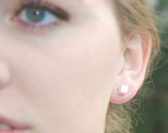 Cube earrings, sterling silver or rose gold studs, 5mm