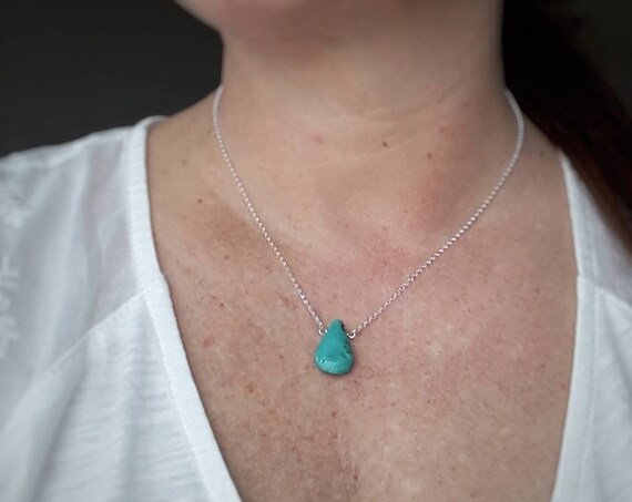 Genuine turquoise necklace, teardrop gemstone pendant, sterling silver chain, december birthday, personalized gift, handmade jewelry