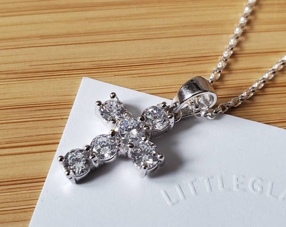 Diamond cross necklace, sterling silver cross pendant, cubic zirconia cross charm, communion gift, confirmation, crystal cross for women