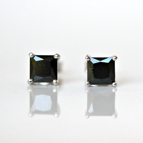 Black stud earrings, sterling silver, crystal studs, black square studs, 4mm, 5mm, 6mm, princess cut, cubic zirconia studs, simple earrings