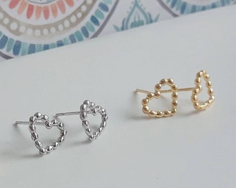 Dotted open heart stud earrings, birthday gift, sterling silver heart, gold heart, rose gold, heart earrings, simple jewelry, pink studs