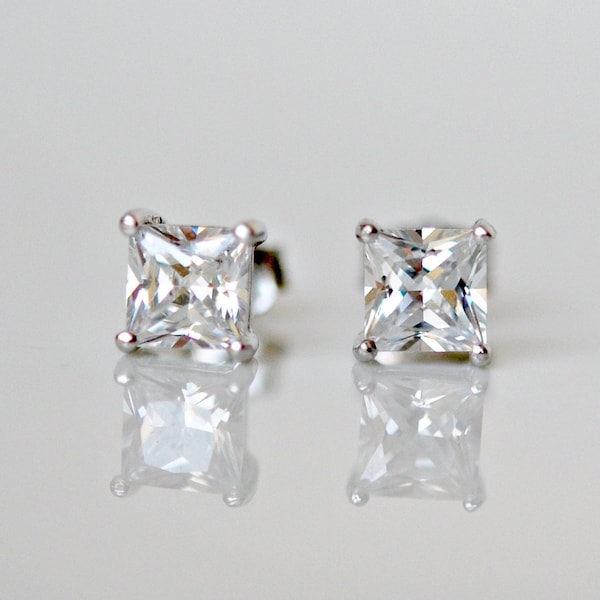 Diamond stud earrings, sterling silver, square diamond earrings, mens earring stud, cubic zirconia earrings, princess cut, square studs