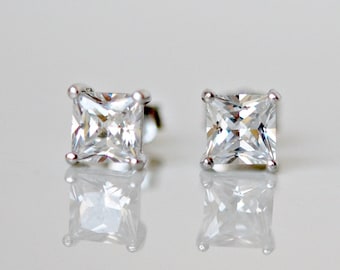 Diamond stud earrings, sterling silver, square diamond earrings, mens earring stud, cubic zirconia earrings, princess cut, square studs