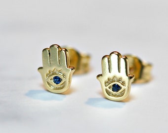 Hamsa studs, evil eye studs, gold hamsa earrings, evil eye earrings, silver hamsa, protection jewelry, simple gold studs, greek earrings