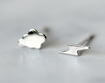 Lightning bolt & cloud earrings, sterling silver stud earrings, thunder storm, weather jewelry, celestial earrings, simple jewelry