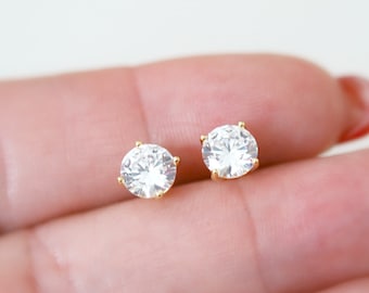 Diamond stud earrings, round cz studs, princess cut, square diamond earrings, everyday gold earrings, 6mm cubic zirconias, wedding earrings