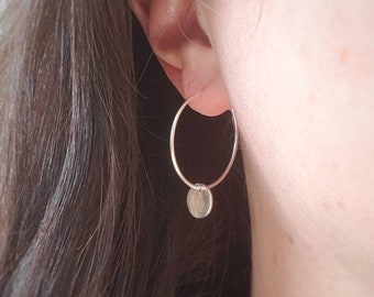 Silver hoops with tiny disk, thin sterling silver hoops, silver coin earrings, delicate hoops, simple dainty earrings, disk earrings for her