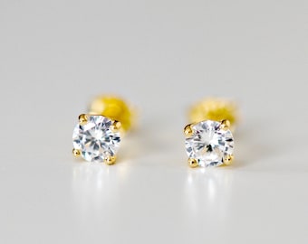 Tiny diamond earrings, 4mm cz studs, round cubic zirconia studs, square diamond studs, gold vermeil studs, crystal studs, diamond solitaire