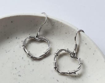 Sterling silver barbed wire heart earrings, emo jewelry