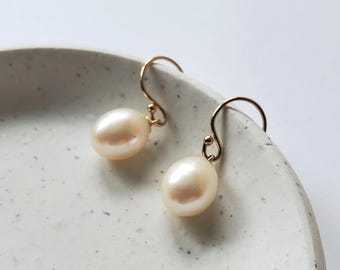 Ivory freshwater pearl dangle earrings, gold filled earwires