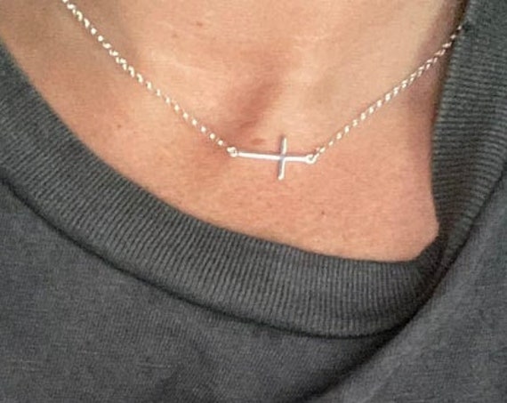 Silver sideways cross necklace, 925 sterling silver side cross, layering necklace, modern cross jewelry, trendy necklace