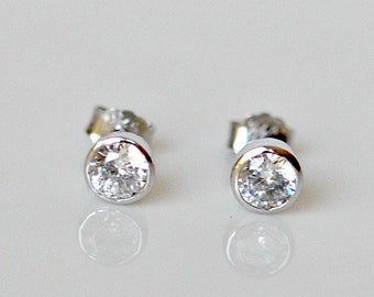 Diamond stud earrings, sterling silver, 4mm studs, 6mm studs, round cubic zirconia studs, minimalist earrings, simple studs, classic jewelry