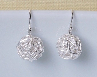 Tangled ball earrings, sterling silver wire yarn balls, knitter gift, drop earrings, simple earrings, modern jewelry, silver earrings