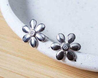 Flower earrings, cz flower stud earrings, gold flower, sterling silver flower, gold studs, silver studs, daisy earrings, flower girl gift