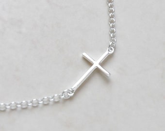 Silver sideways cross necklace, 925 sterling silver side cross, layering necklace, modern cross jewelry, womens cross necklace, small cross