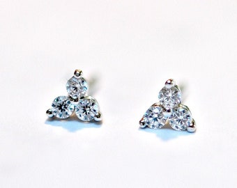 Sterling silver and cubic zirconia triangle stud earrings, gold 3 leaf clover