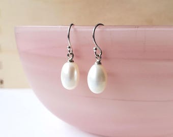 Freshwater pearl dangle earrings, sterling silver earwires