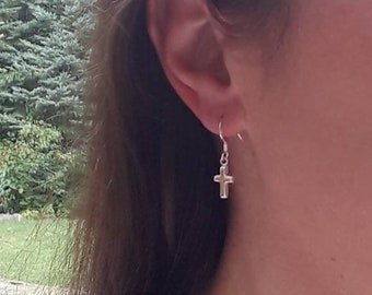 Tiny sterling silver cross earrings, dainty cross, communion gift, confirmation earrings, little girl, simple jewelry, mini cross, religious