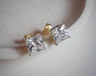 Diamond stud earrings, round cz studs, princess cut, square diamond earrings, april birthstone, 6mm cubic zirconias, wedding earrings