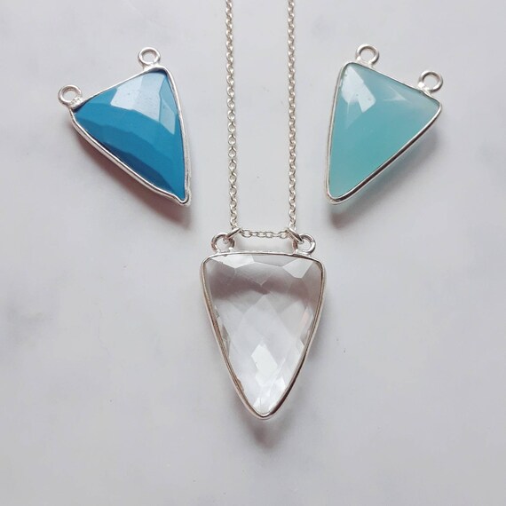 Gemstone triangle pendant necklace, sterling silver chain, clear quartz, aqua chalcedony, turquoise howlite, boho jewelry