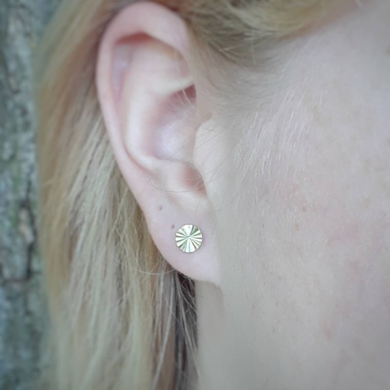 Starburst disk stud earrings, gold disk earrings, sterling silver circle earrings, silver earrings, minimalist silver stud, modern gold stud image 2