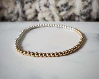 Sterling silver and gold ball bracelet, half and half, stretch bracelet, stacking bracelet, classic jewelry, 3mm balls, silver bead bracelet